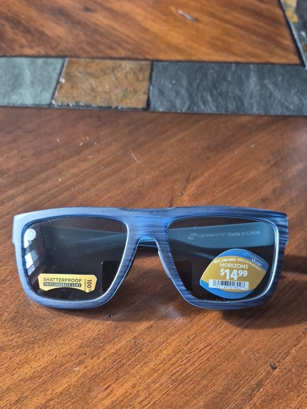 Impressions Shaterproof  Blue Men’s Woodgrain Sunglasses with Dark Lenses